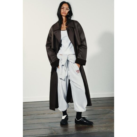 ZARA LONG WAXED TRENCH COAT WITH CORDUROY CUFFS - Picture 2 of 10